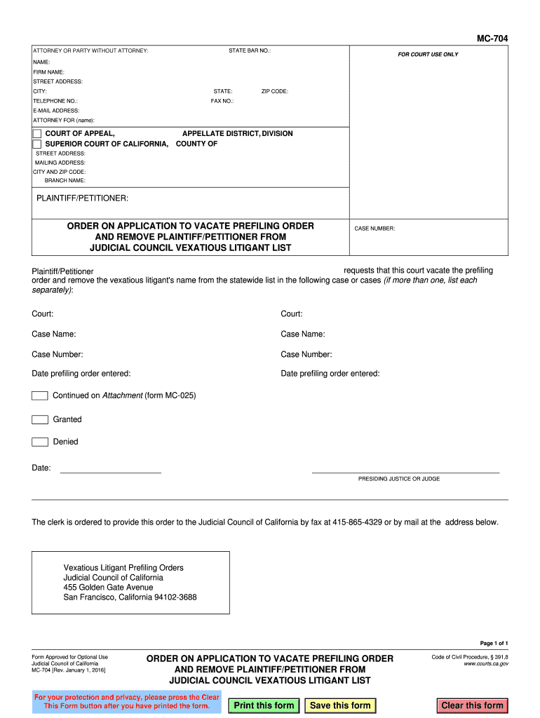 MC 704 Order on Application to Vacate Prefiling California Courts Courts Ca  Form