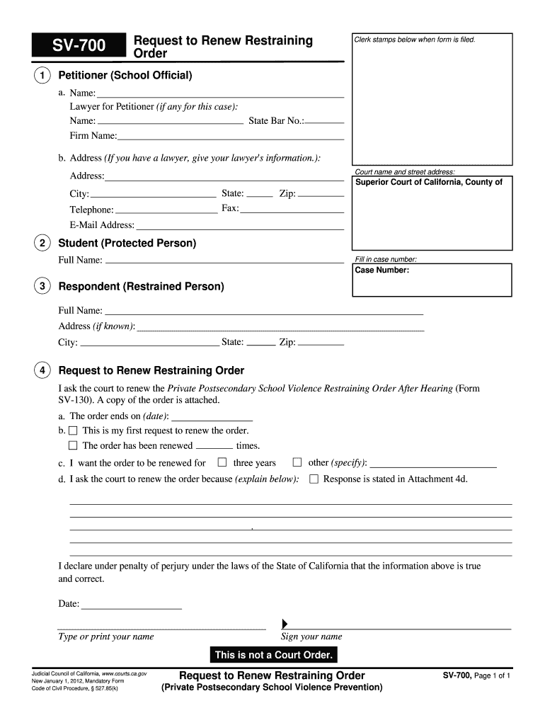 SV 700 Request to Renew Restraining Order California Courts Courts Ca  Form