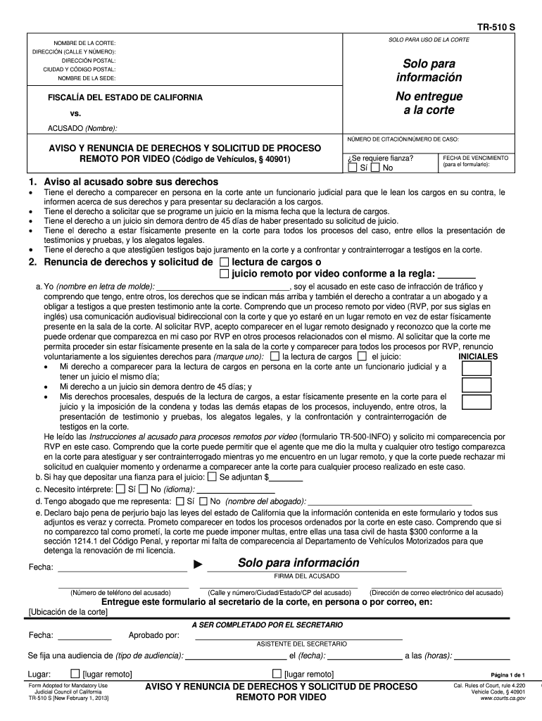 TR 510 S Notice and Waiver of Rights and California Courts Courts Ca  Form