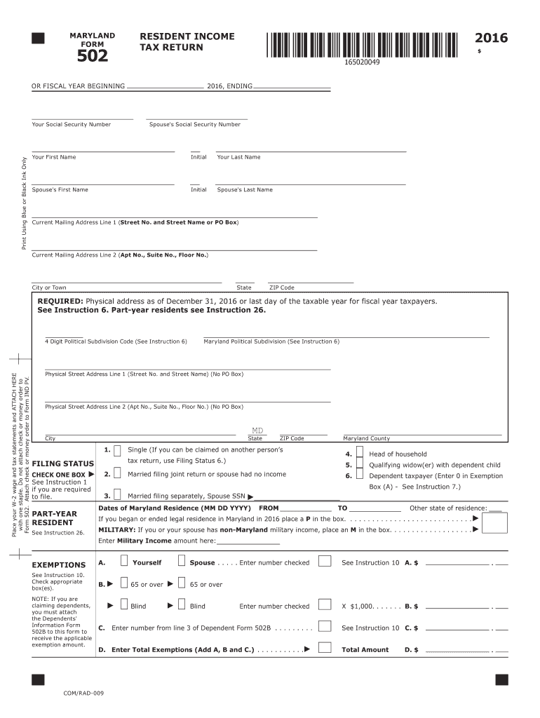  Maryland State Tax Form 502 2016