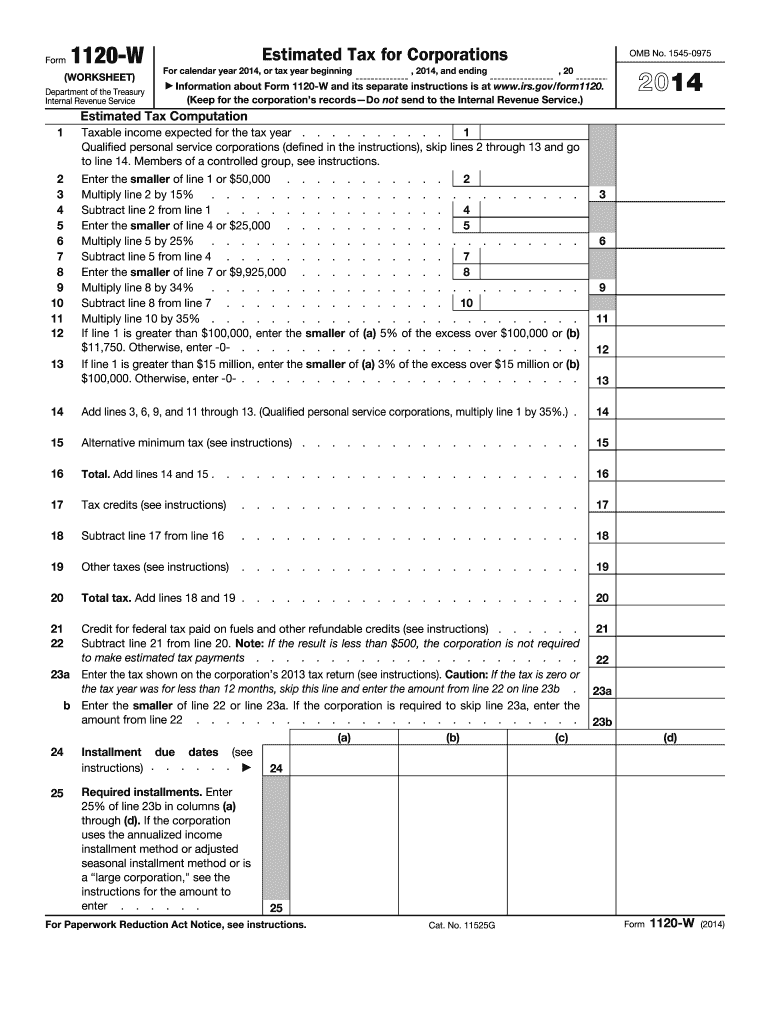 Get and Sign Instructions for Form 1120 W Internal Revenue IRS 2014