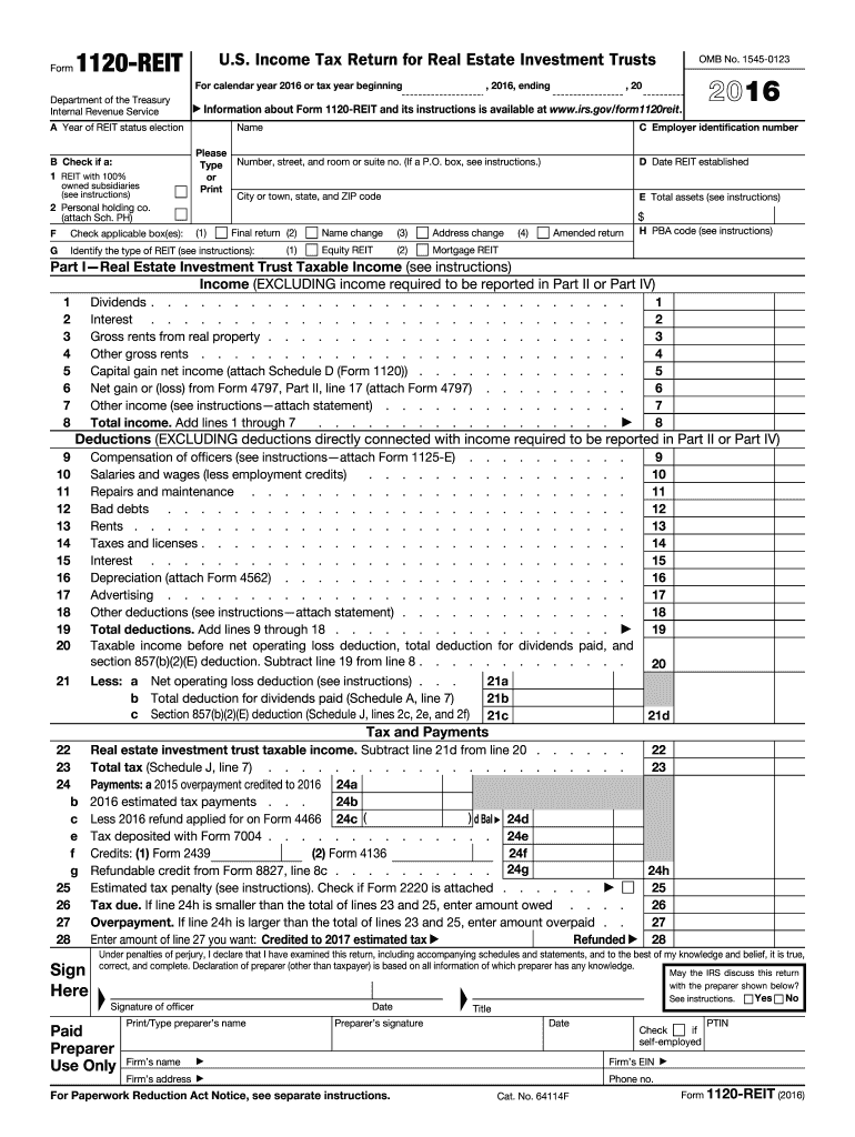  Form 1120 REIT  Irs 2016