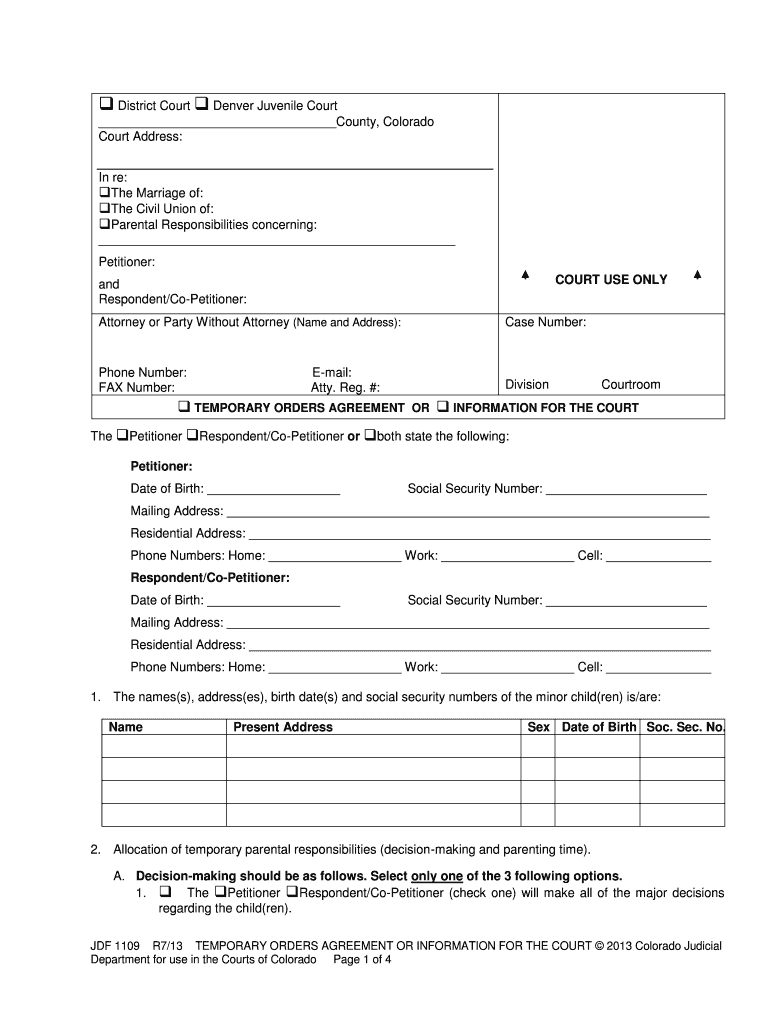 TEMPORARY ORDERS AGREEMENT  Form