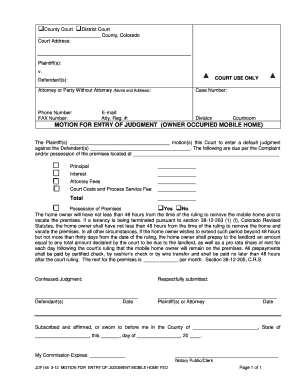  MOTION for ENTRY of JUDGMENT OWNER OCCUPIED MOBILE HOME 2012