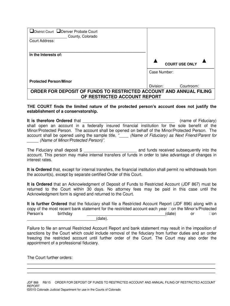 ORDER for DEPOSIT of FUNDS to RESTRICTED ACCOUNT and ANNUAL FILING  Form