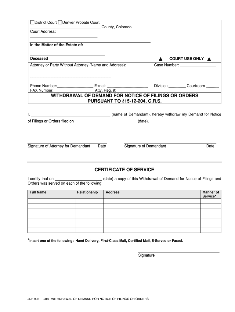 WITHDRAWAL of DEMAND for NOTICE of FILINGS or ORDERS  Form