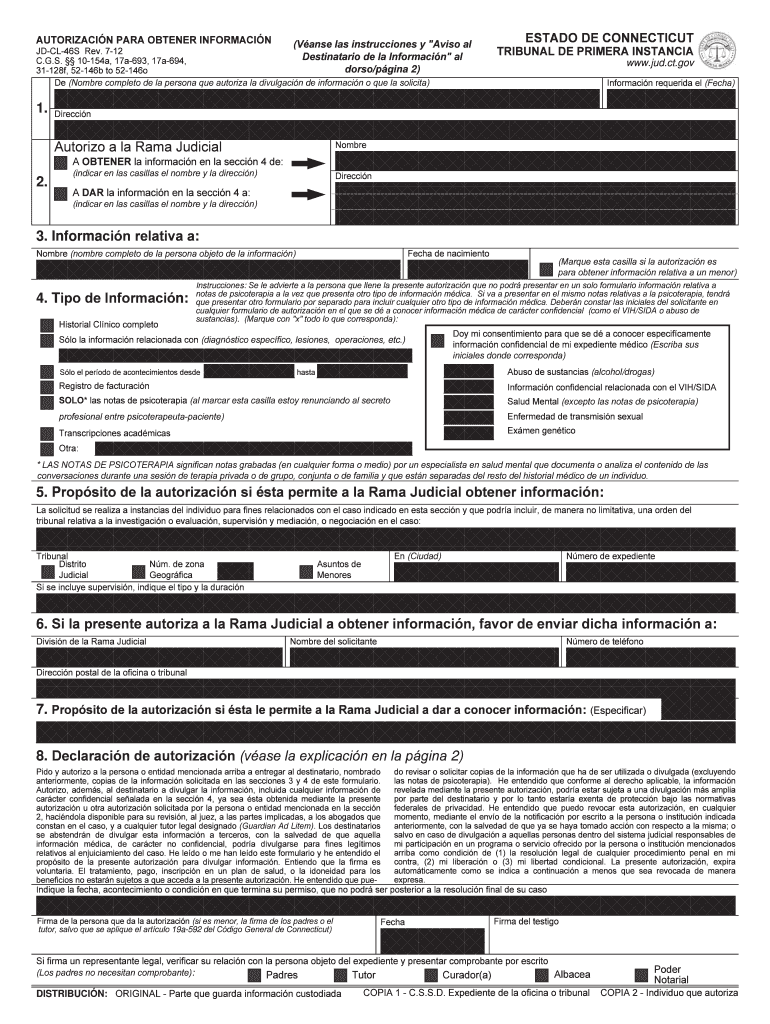 AUTHORIZATION for INFORMATION SPANISH Connecticut Jud Ct