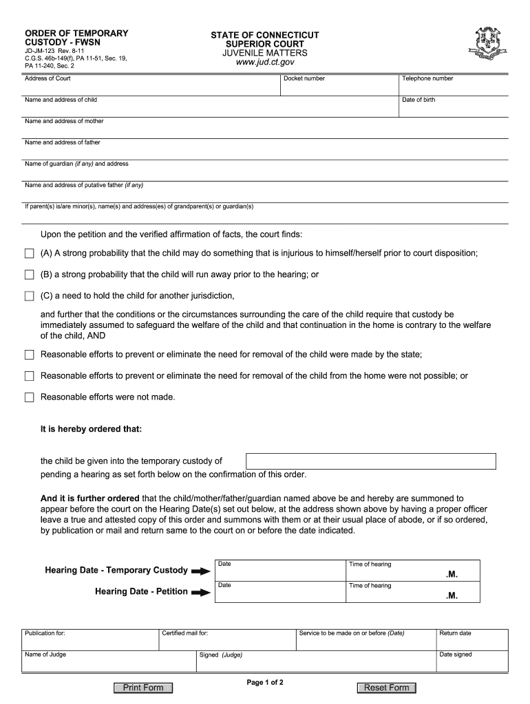  ORDER of TEMPORARY CUSTODY FWSN  Connecticut    Jud Ct 2011-2024