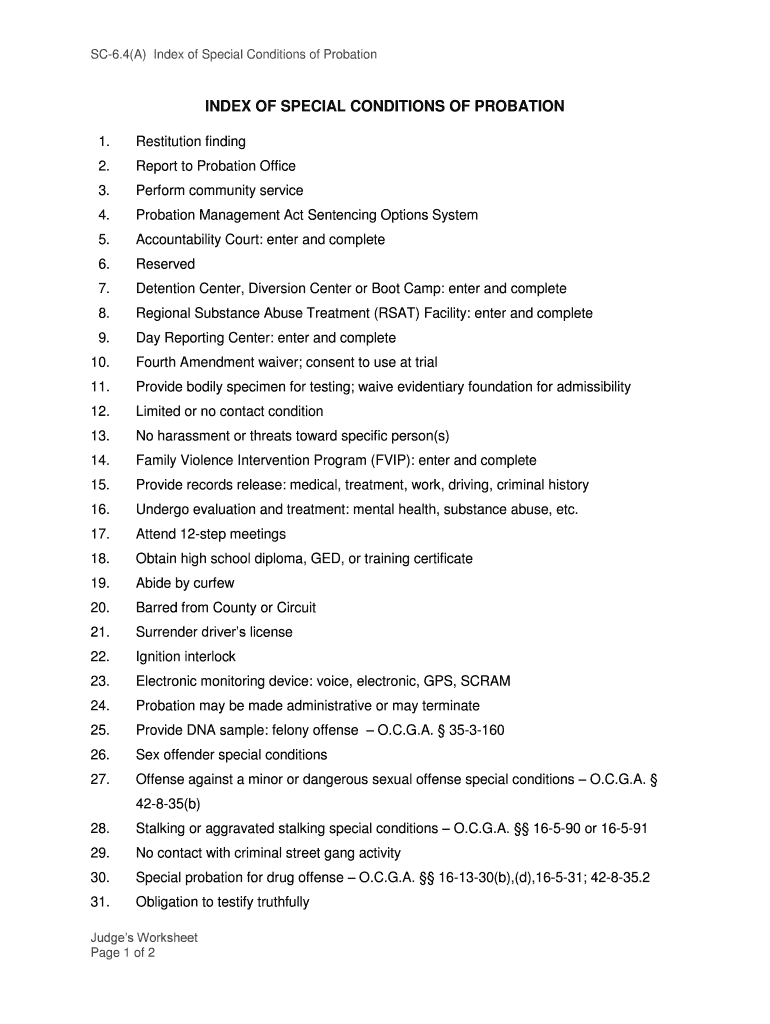 SC 6 4A Index of Special Conditions of Probation Georgia Georgiacourts  Form