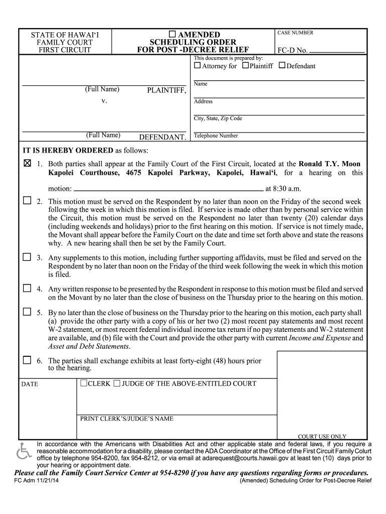 Amended Scheduling Order for Post Decree Relief Hawaii State Courts State Hi  Form