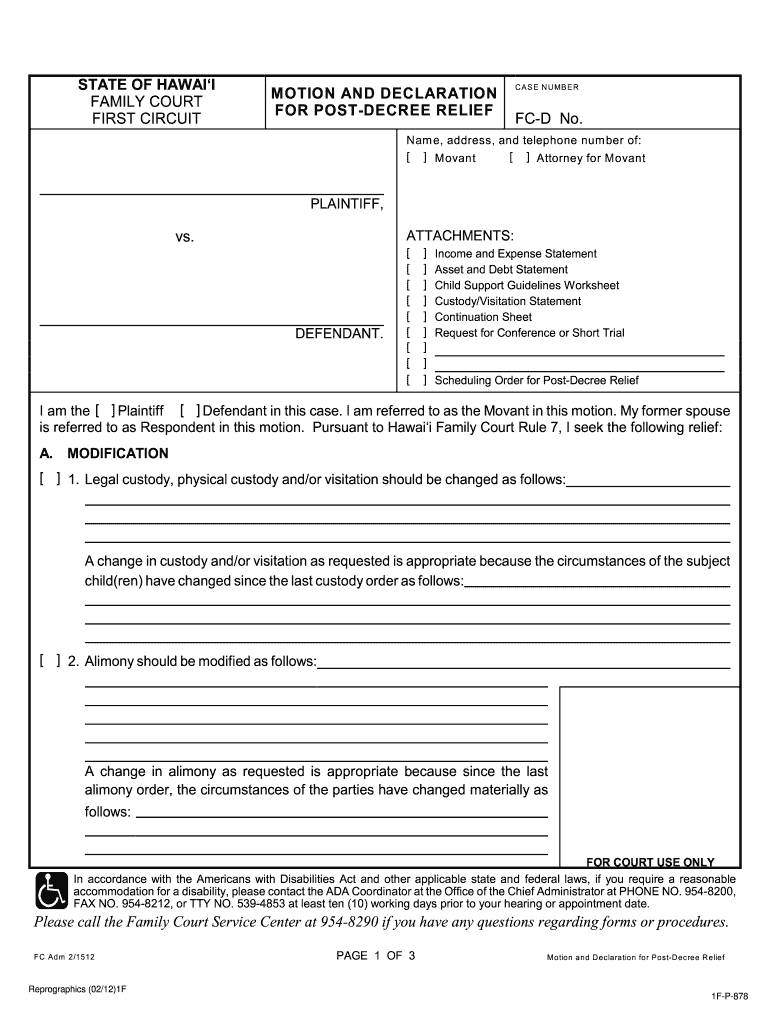  Form for Motion and Affadavit for Post Decree Relief Third Circuit Family Court State of Hawaii 2012