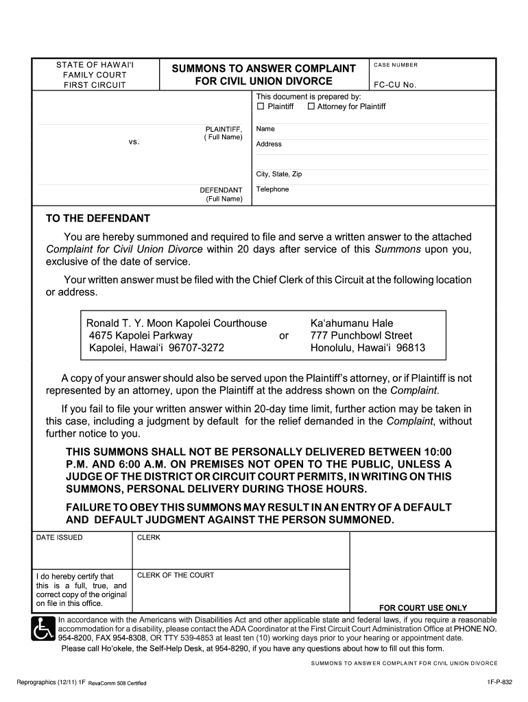 Summons to Answer Complaint for Civil Union Divorce Courts State Hi  Form