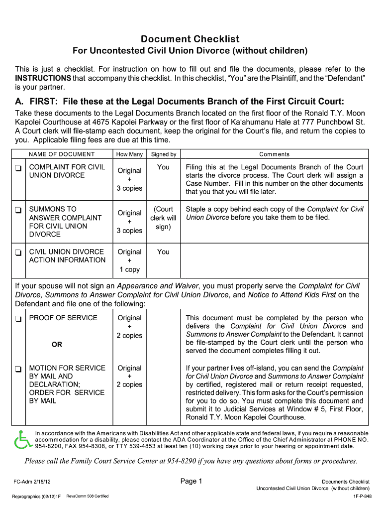 Document Checklist for Uncontested Civil Union Divorce Courts State Hi  Form