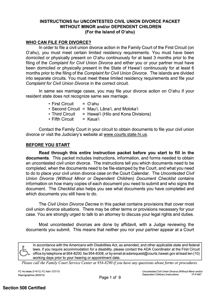 INSTRUCTIONS for UNCONTESTED CIVIL UNION DIVORCE Courts State Hi  Form