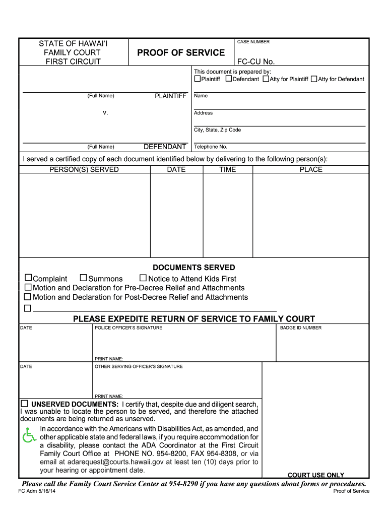 Proof of Service Hawaii State Judiciary Courts State Hi  Form