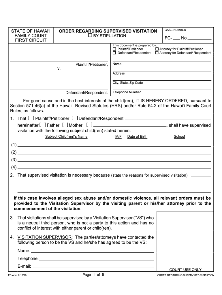 Order Regarding Supervised Visitation Hawaii State Judiciary Courts State Hi  Form