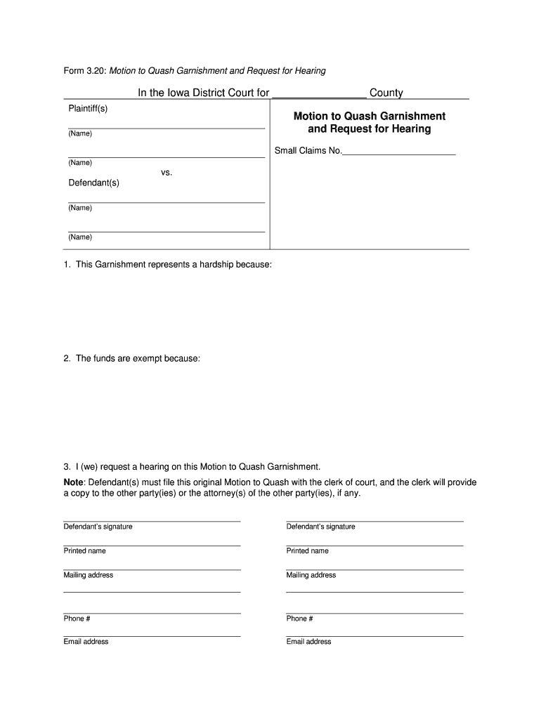 Iowa Motion Quash Garnishment  Form