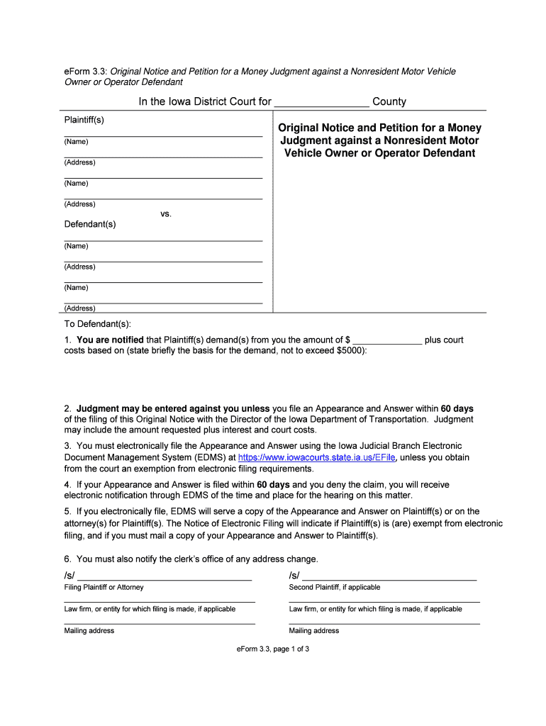 EForm 3 3 Original Notice and Petition for a Money Judgment Iowacourts