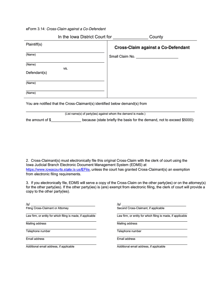 EForm 3 14 Cross Claim Against a Co Defendant  Iowa Judicial    Iowacourts