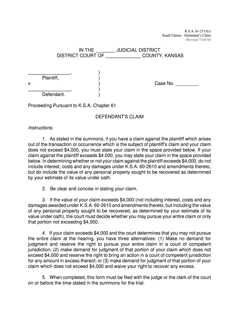  Small Claims Forms Kansas 2010-2024