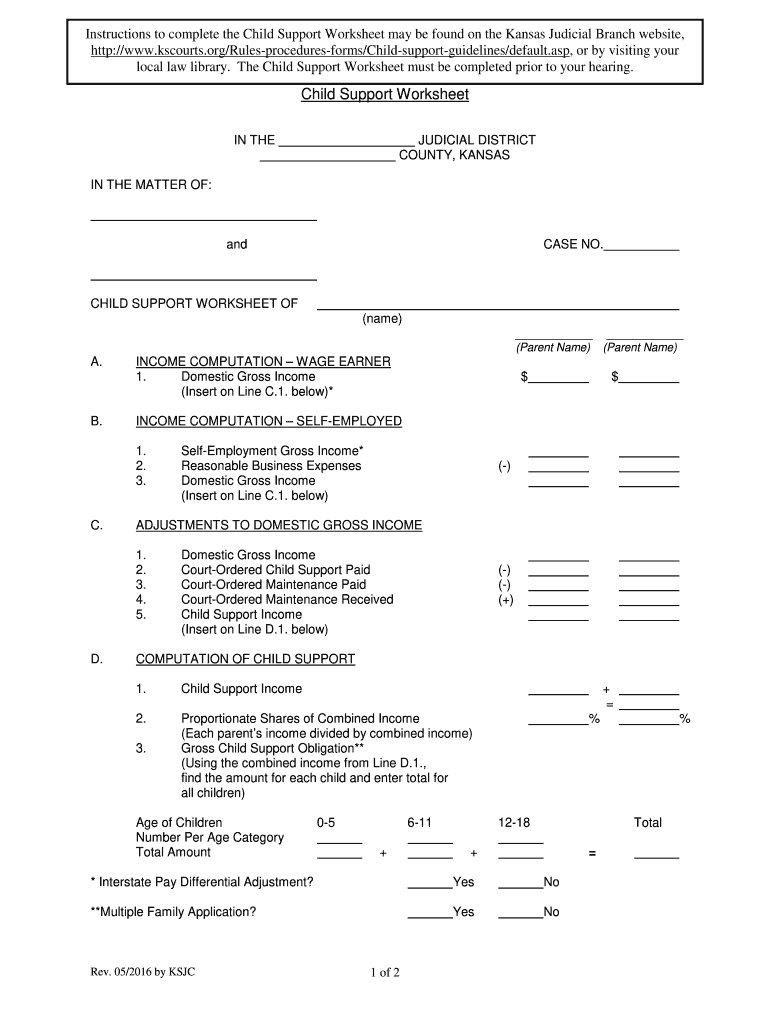  Kansas Child Worksheet 2016-2024