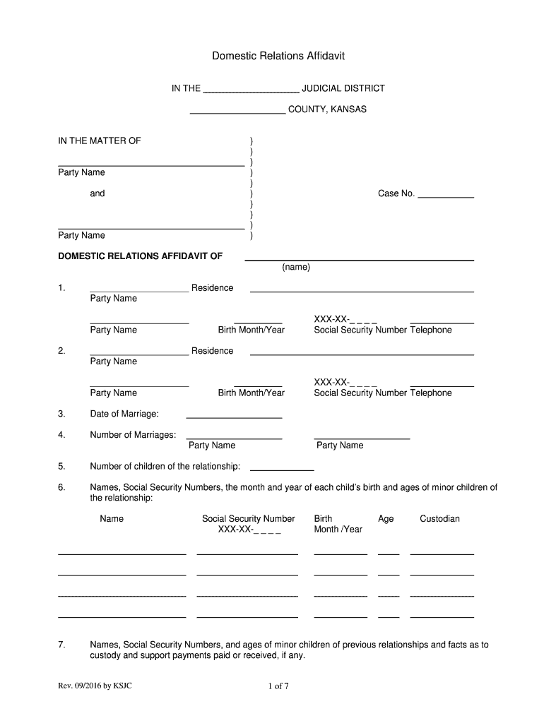  Kansas Domestic Relations Affidavit Fillable 2016-2024