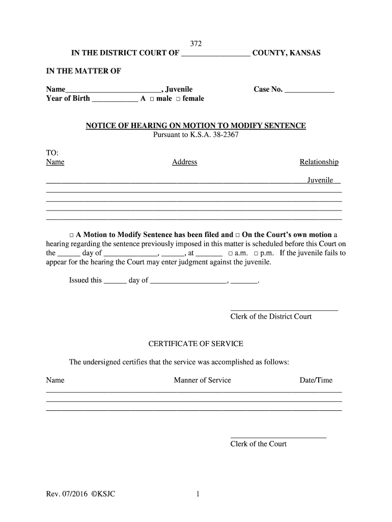 Get and Sign Rev 07 KSJC 1 372 in the DISTRICT COURT of COUNTY Kansasjudicialcouncil 2016-2022 Form