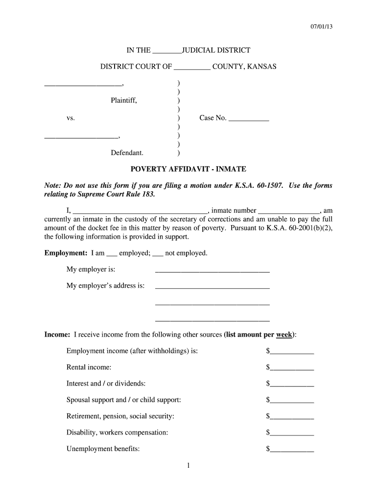  Kansas Poverty Affidavit 2013-2024