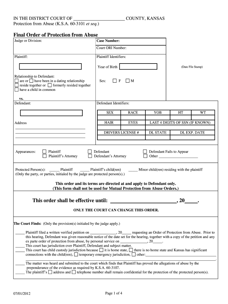  Final Order of Protection from Abuse Kansas Judicial Council Kansasjudicialcouncil 2012-2024