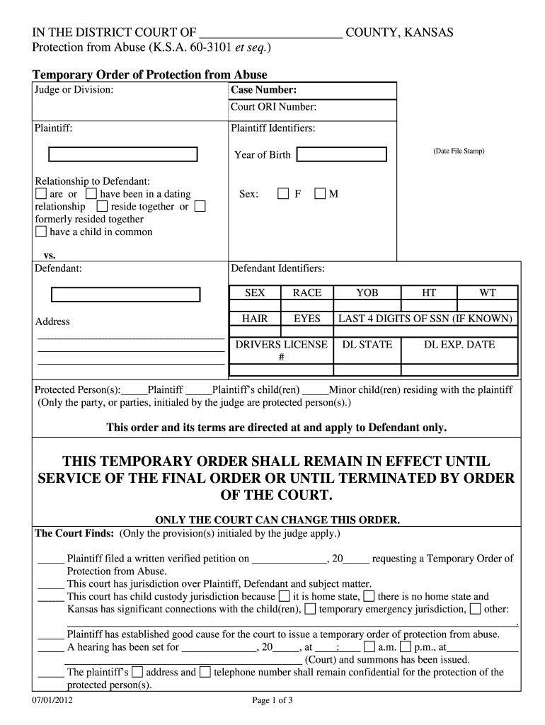 Get and Sign Kansas Temporary Order 2012-2022 Form