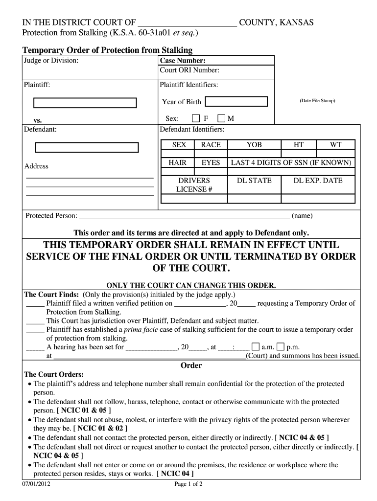 Get and Sign in the DISTRICT COURT of COUNTY, KANSAS , Plaintiff Vs Case Kansasjudicialcouncil 2012-2022 Form
