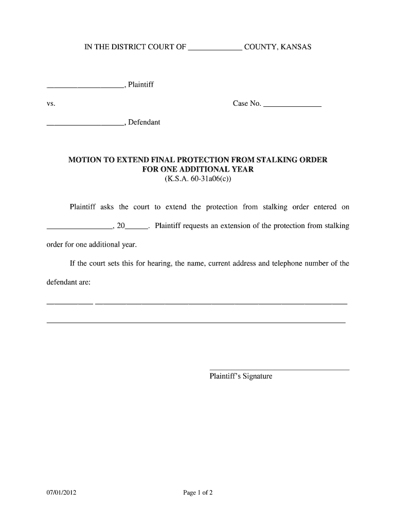  Motion to Extend Final Protection from Stalking Order for One Kansasjudicialcouncil 2012-2024