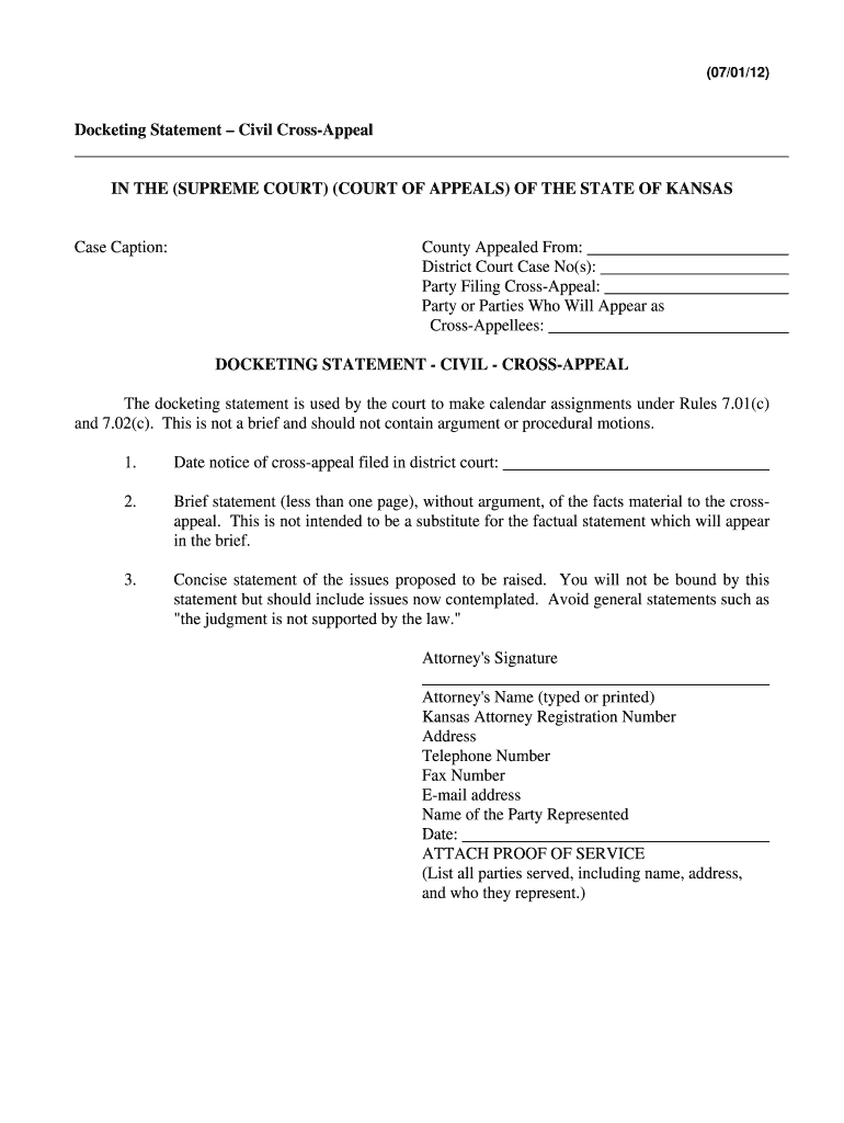 Get and Sign Kansas Docketing Statement 2012-2022 Form