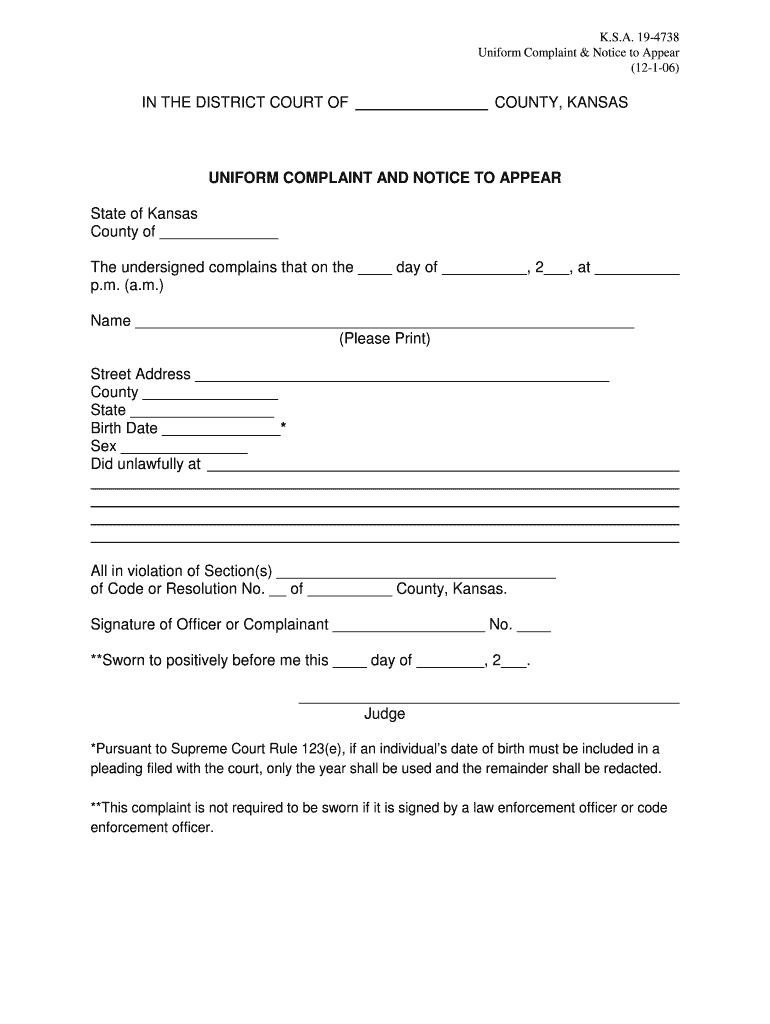  Kansas Uniform Notice to Appear and Complaint 2006-2024
