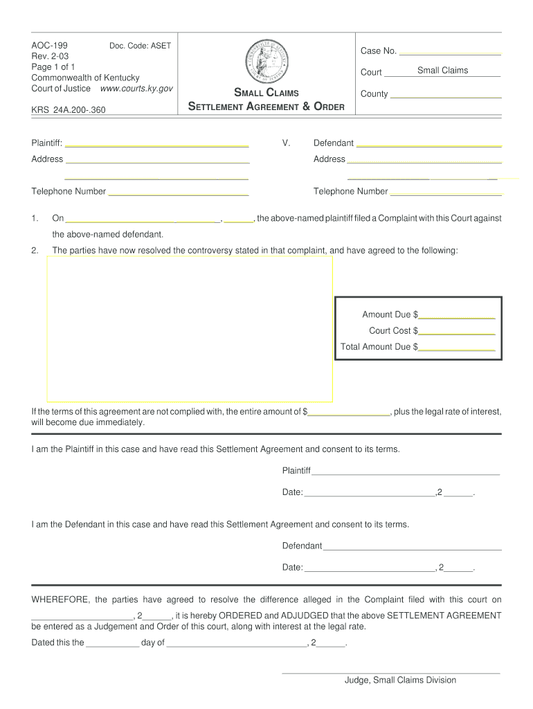  AOC 199 Rev 2 03 Page 1 of 1 Commonwealth of Kentucky Court    Courts Ky 2003