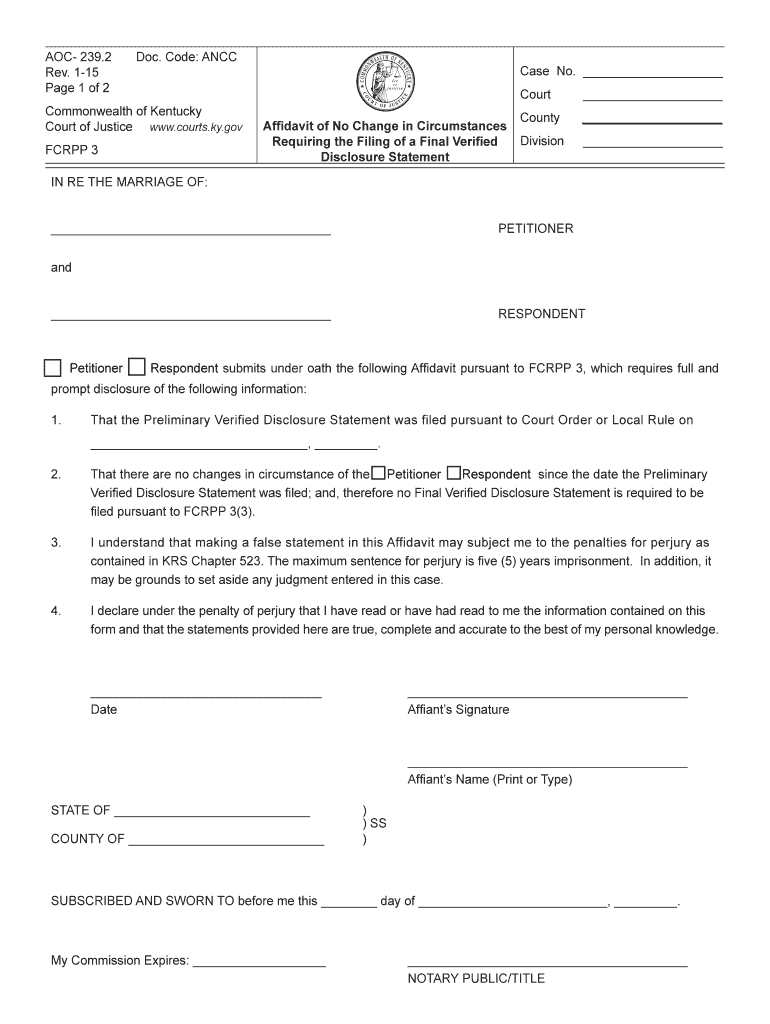  Affidavit of No Change in Circumstances Requiring the Filing of a Courts Ky 2015-2024