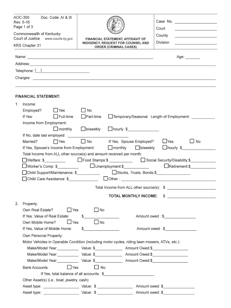  Affidavit of Indigency Kentucky 2016-2024