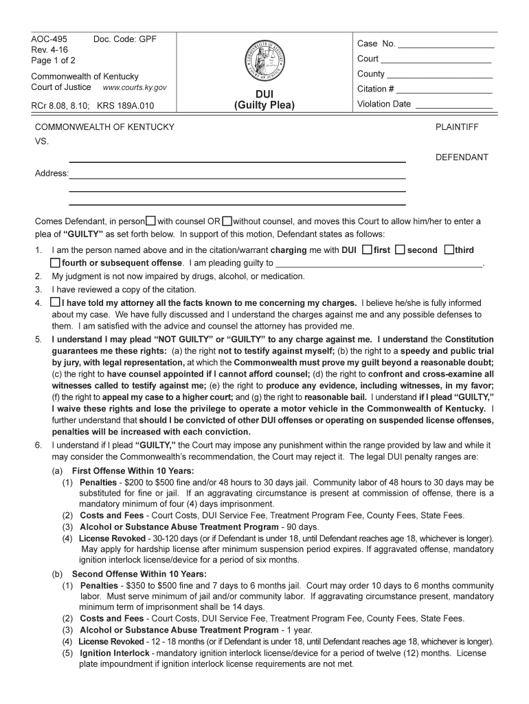  Kentucky Dui Guilty Plea Form 2016