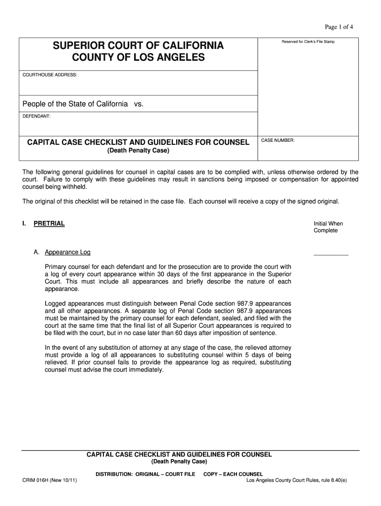  FORM CRIM 016H  Capital Case Checklist and Guidelines 1 DOC 2011