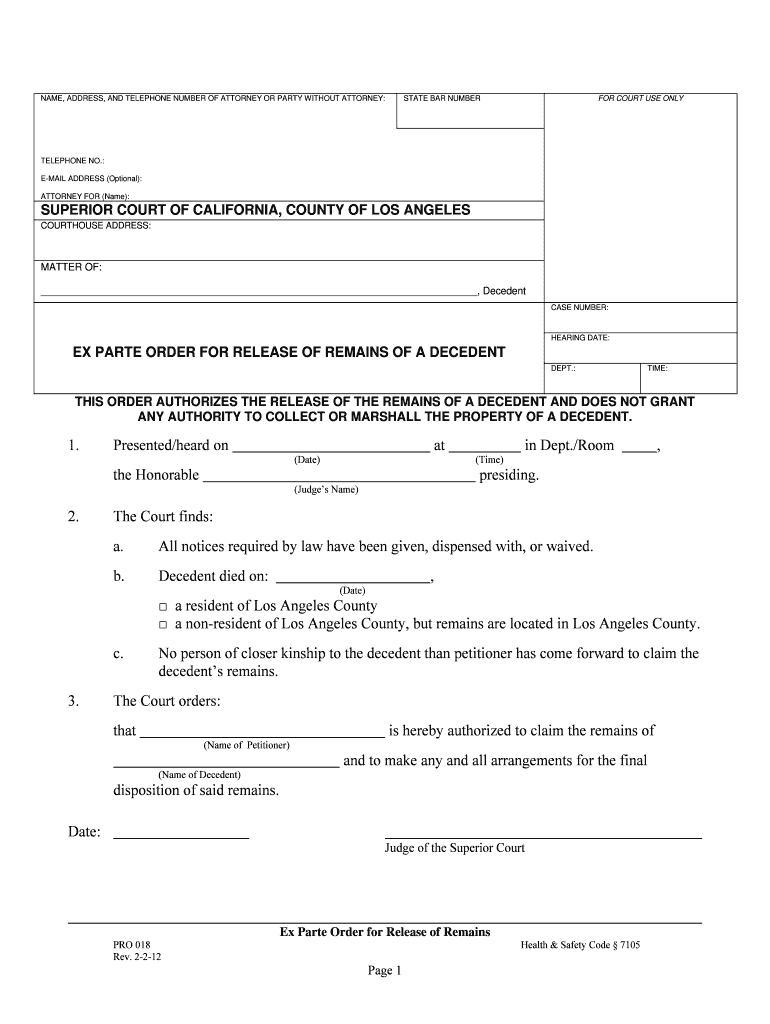  EX PARTE PETITION for COURT ORDER to RELEASE the REMAINS of a DECEDENT 2012-2024