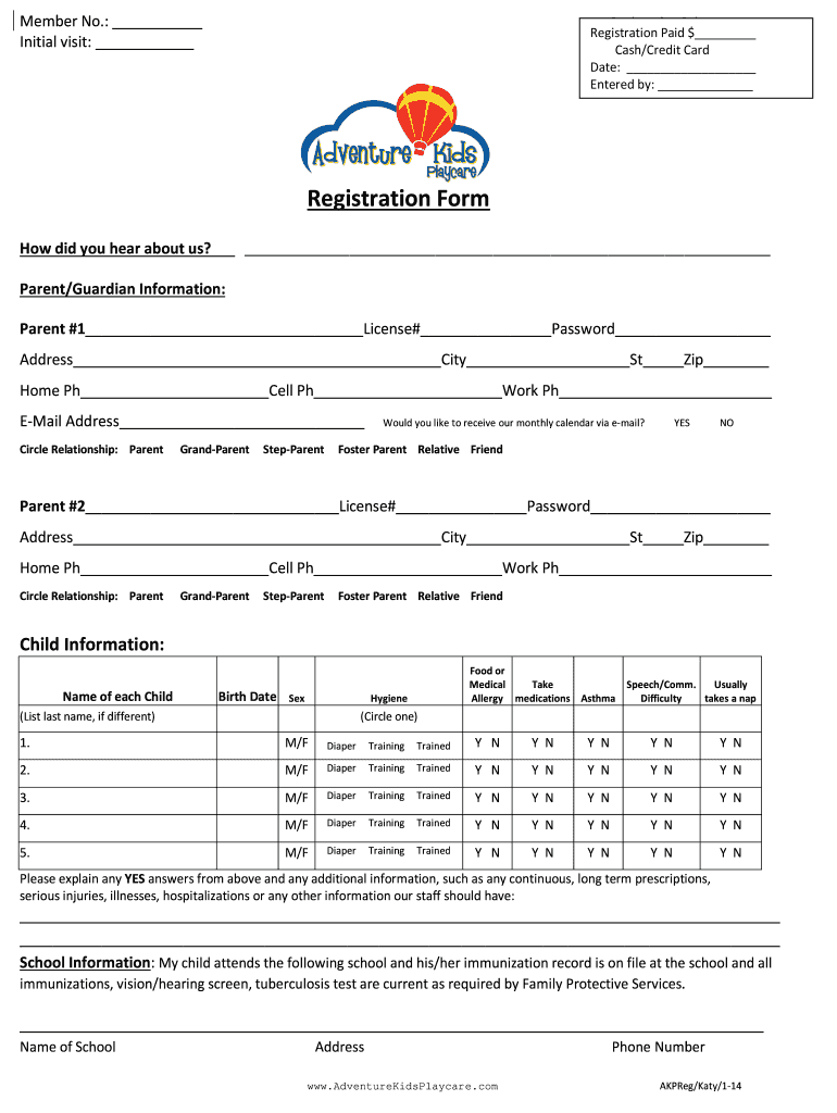  Adventure Kids Playcare PDF  Form 2014-2024