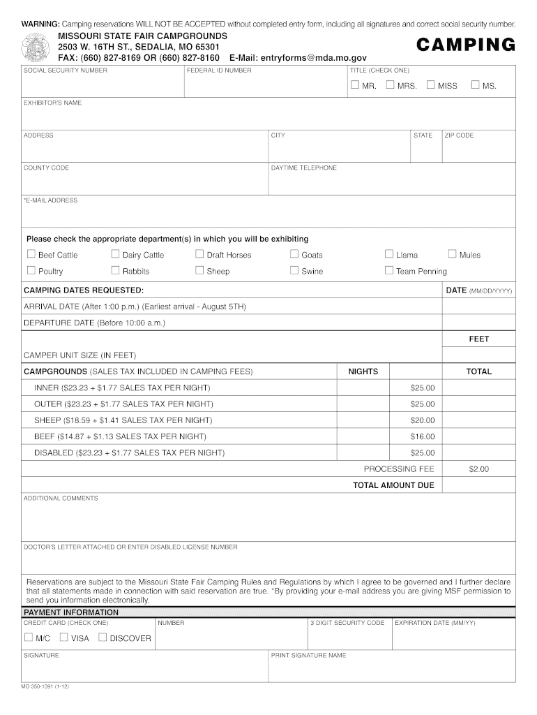  Missouri State Fair Camping  Form 2012