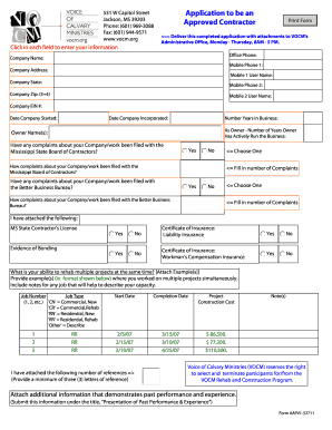 VOCM Approved Contractor Application Voice of Calvary Ministries  Form