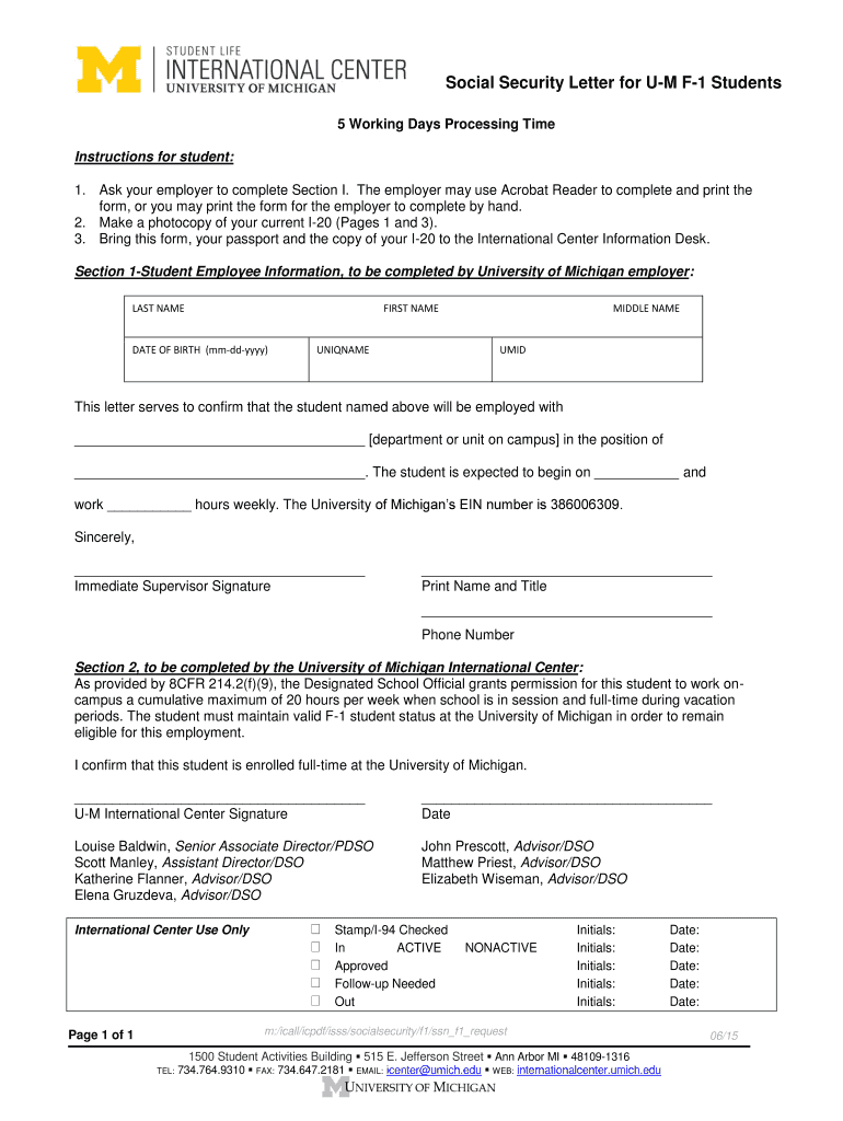 Social Security Letter for U M J 1 Students Social Security Fill in Form to Be Completed by Your U M Employer