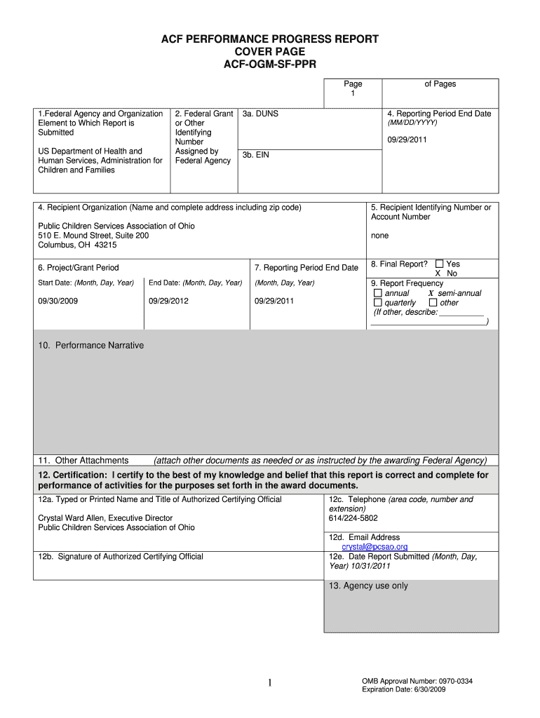 ACF Performance Progress Report Cover Page