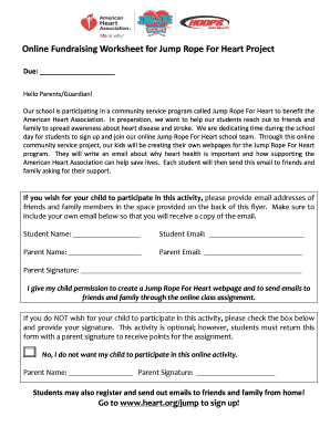 Online Fundraising Worksheet for Jump Rope for Heart  Form
