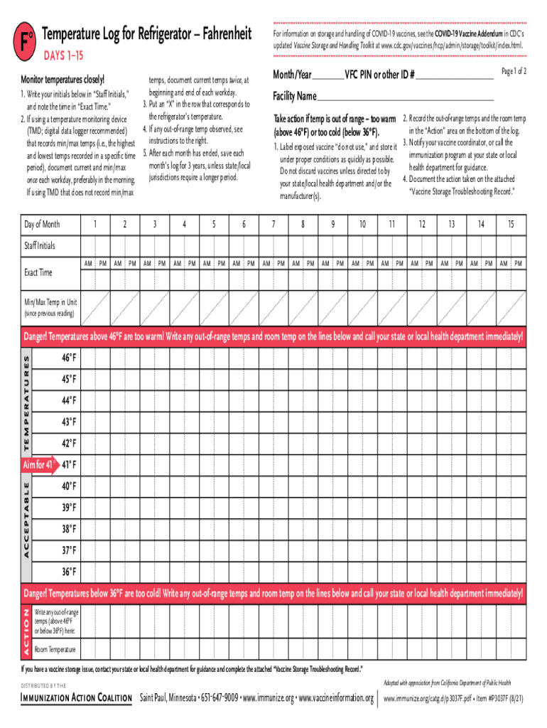  Temperature Log for Refrigerator 2021-2024