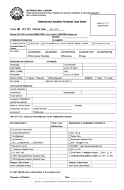 Personal Data Sheet for Students  Form