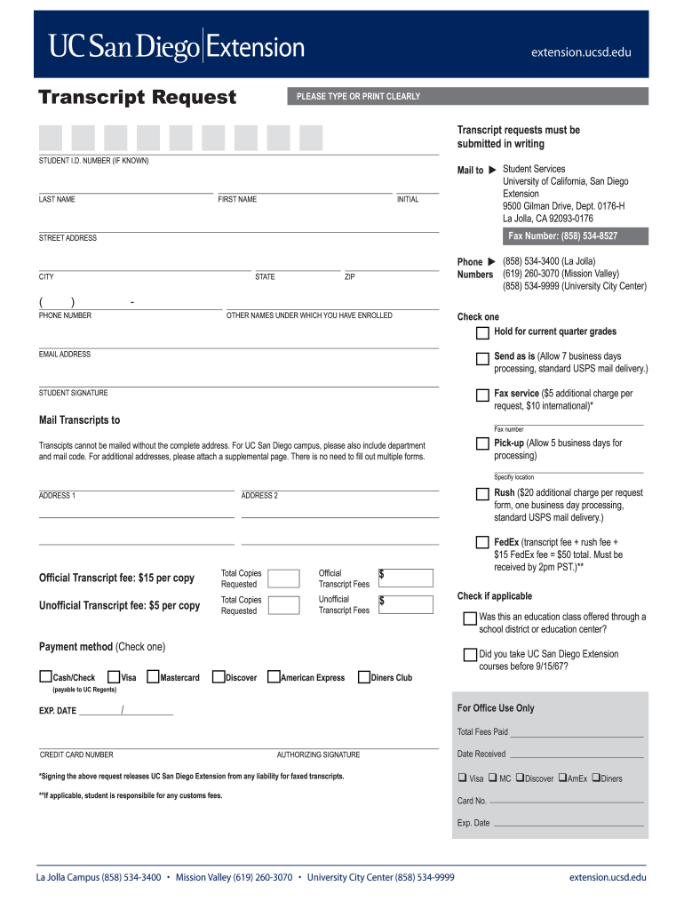 Get and Sign Ucsd Transcript Request  Form