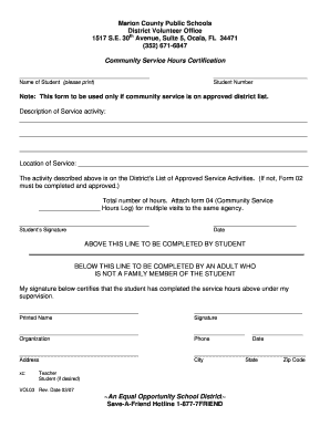 Community Service Hours Certification VOL03 PDF Marion County Marion K12 Fl  Form